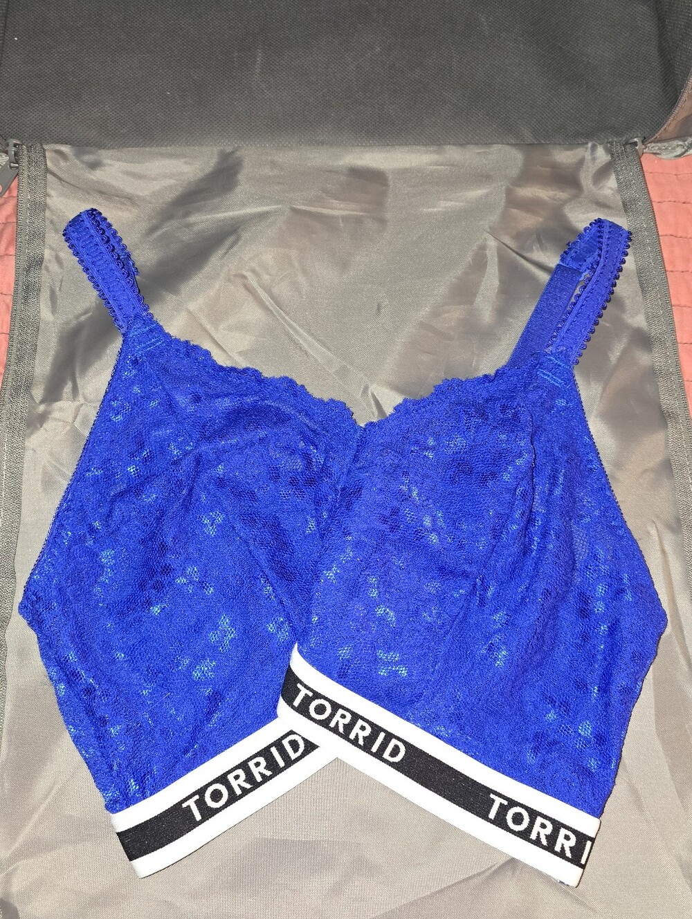EUC Torrid Size 0 Sport Logo Royal Dodger Blue Floral Lace Bralette